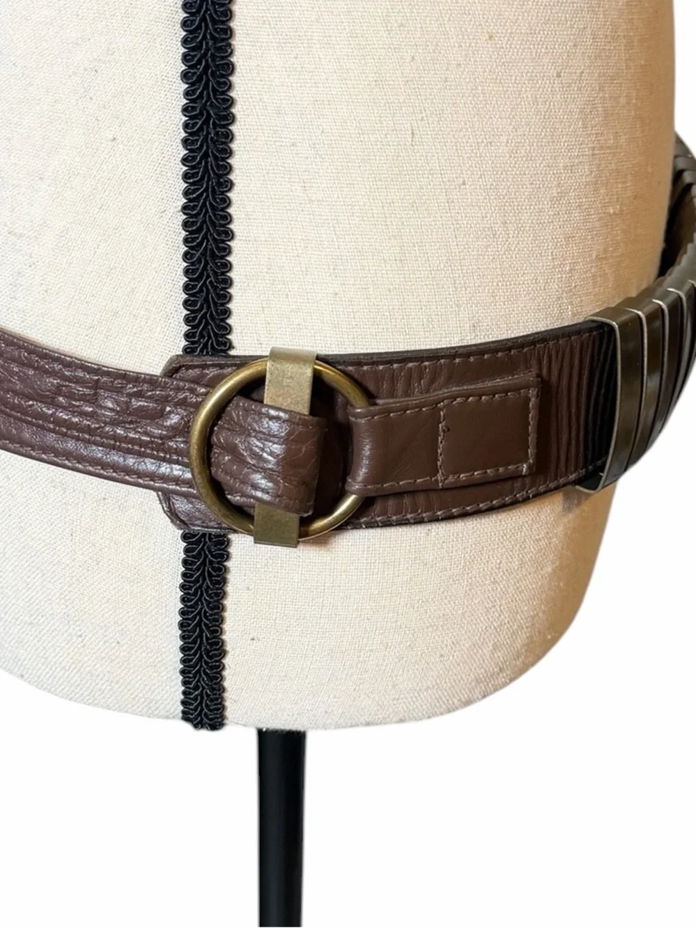 R.J. Graziano Vintage Brass Plate & Leather Statement Belt